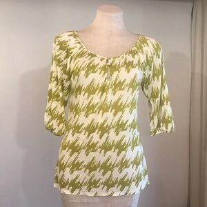 Anthropologie Deletta Womens Houndstooth Blouse Peasant Shirt Lime Green Small